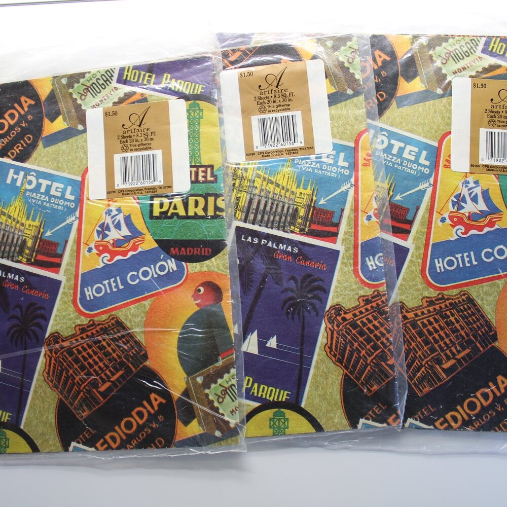 3 Packs Vintage Hotels Artfaire Gift Wrap Paper All Occasion Rosa Hotel Sealed